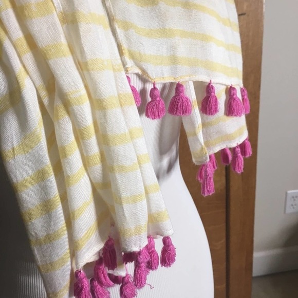 🛍️Yellow stripe pink pom-pom/tassel Nordstrom summer scarf $58 - Picture 4 of 8